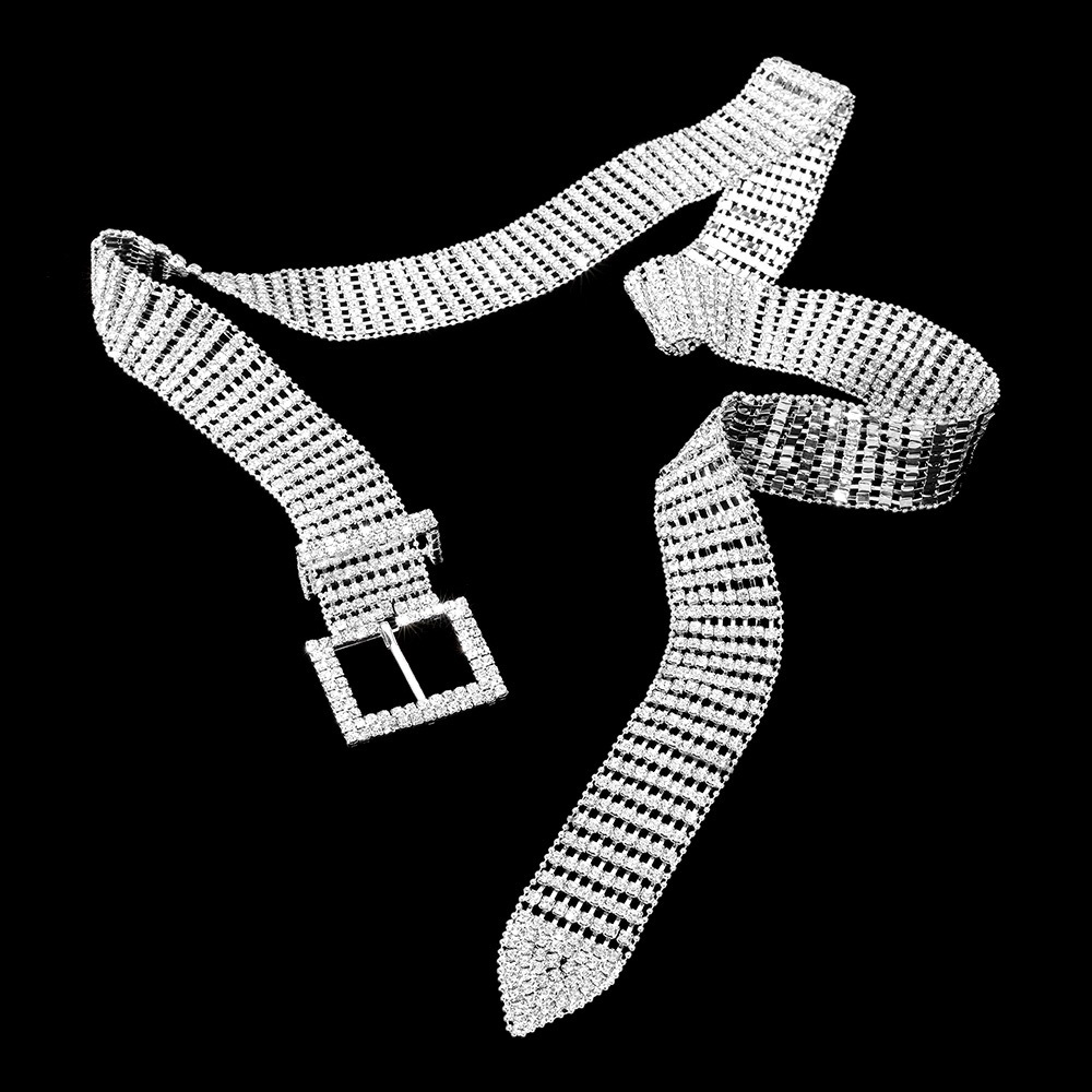 Silver Rhinestone Paved Embellished Square Buckle Statement Belt - Picture 2 of 2